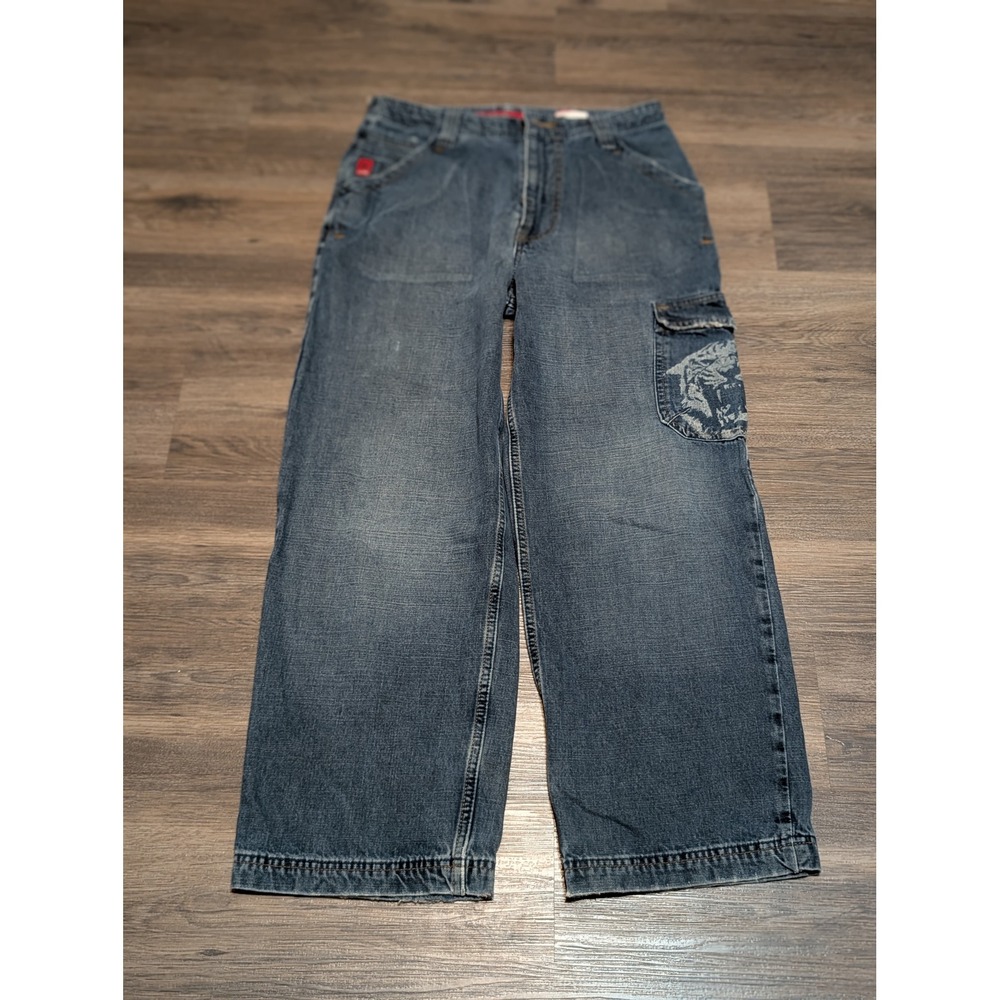 JNCO‎ 90s Wide Leg Cargo Blue Denim Tiger Pocket Skater Pants Size 18 (30x28)